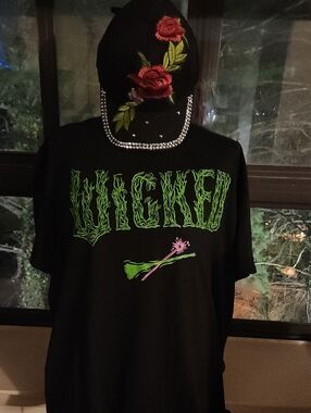 Black 'Wicked' Graphic Tee with Neon Green and Pink Accent